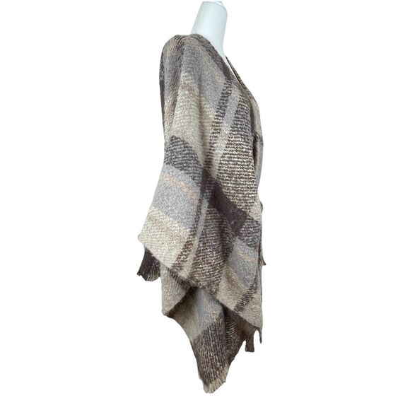 Max Studio Poncho Wrap Brown Plaid Western Bohemian - Picture 2 of 8